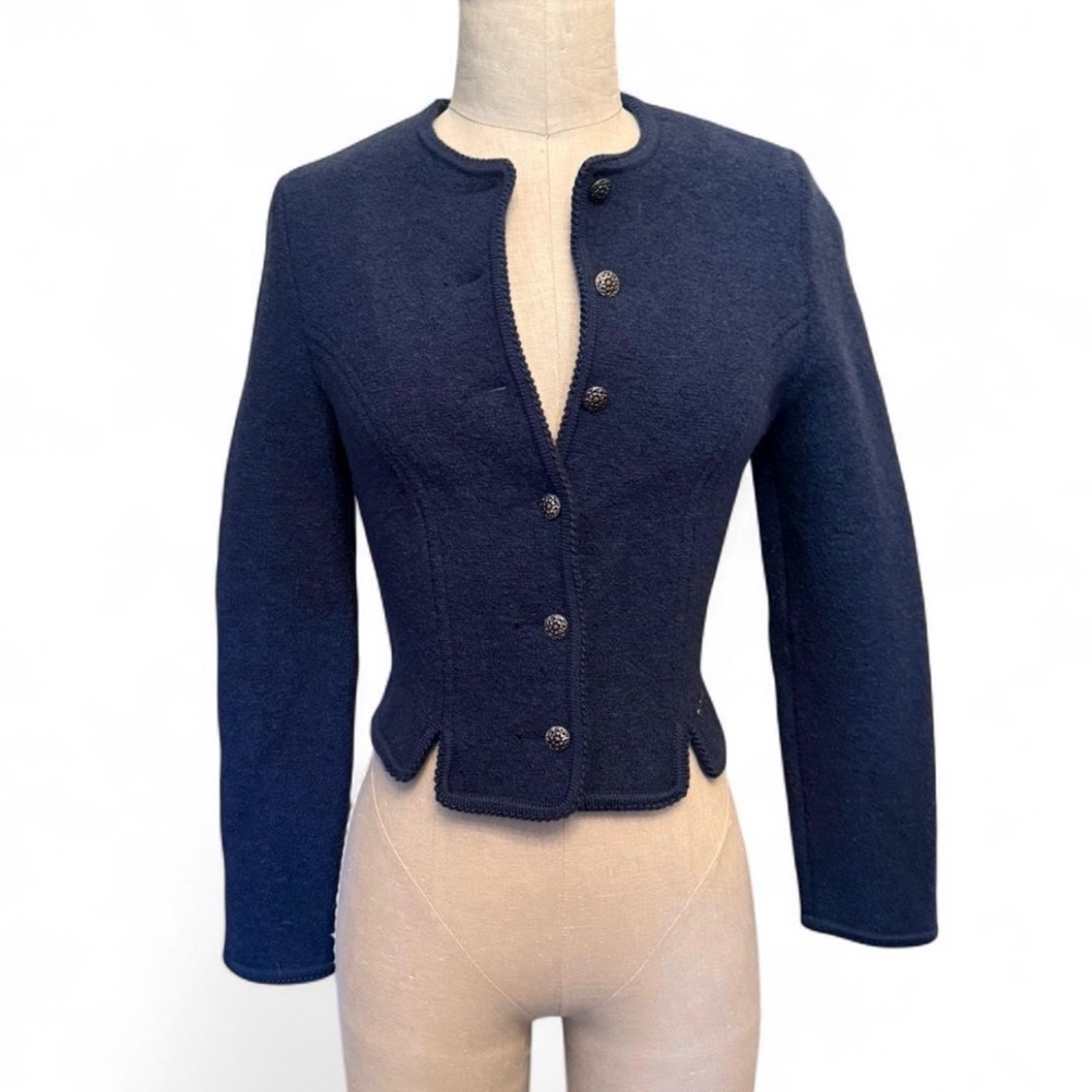 Geiger boiled wool cardigan blazer navy blue textured button up long sleeve